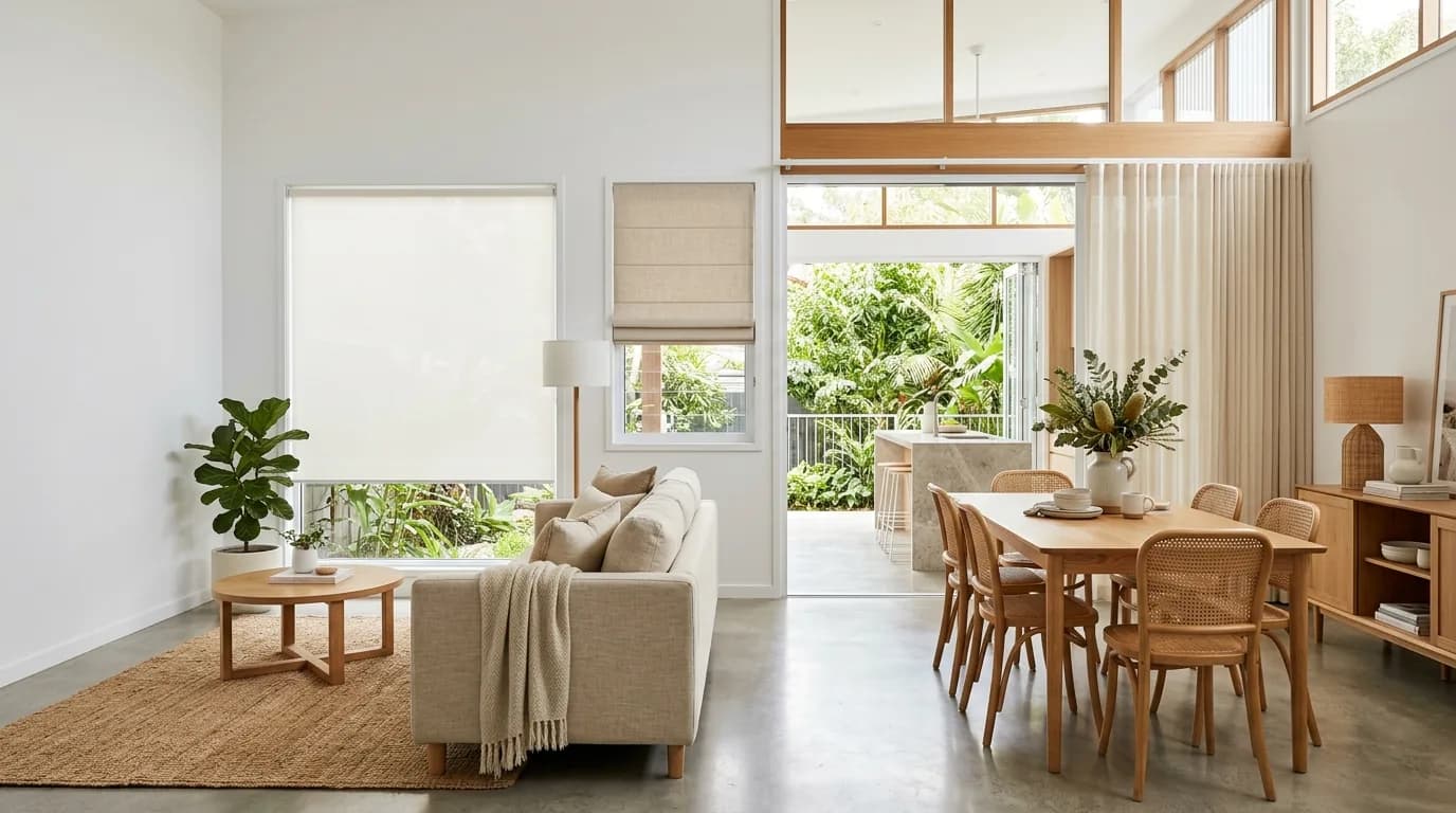 An open-plan Brisbane home with a roller blind, a roman blind and vertical blinds in matching neutral tones