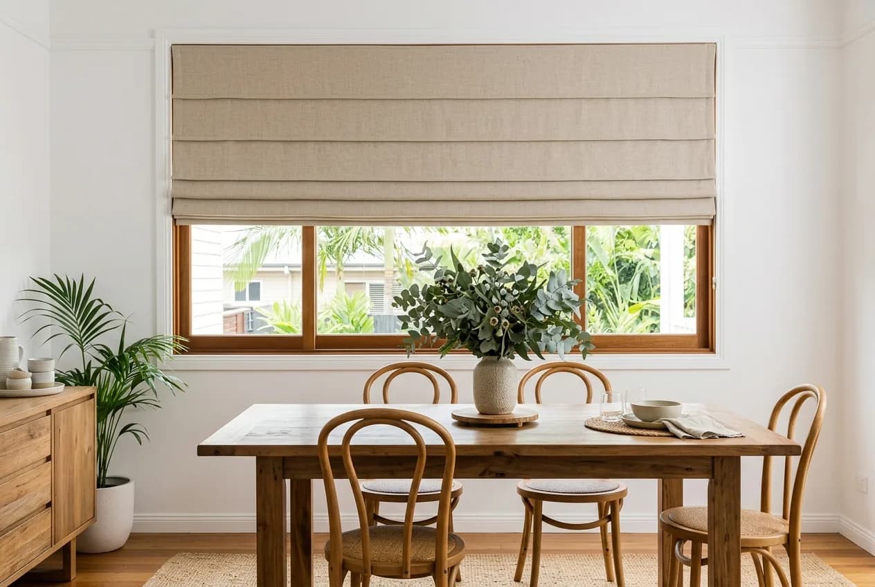 Linen roman blind half raised in a dining room