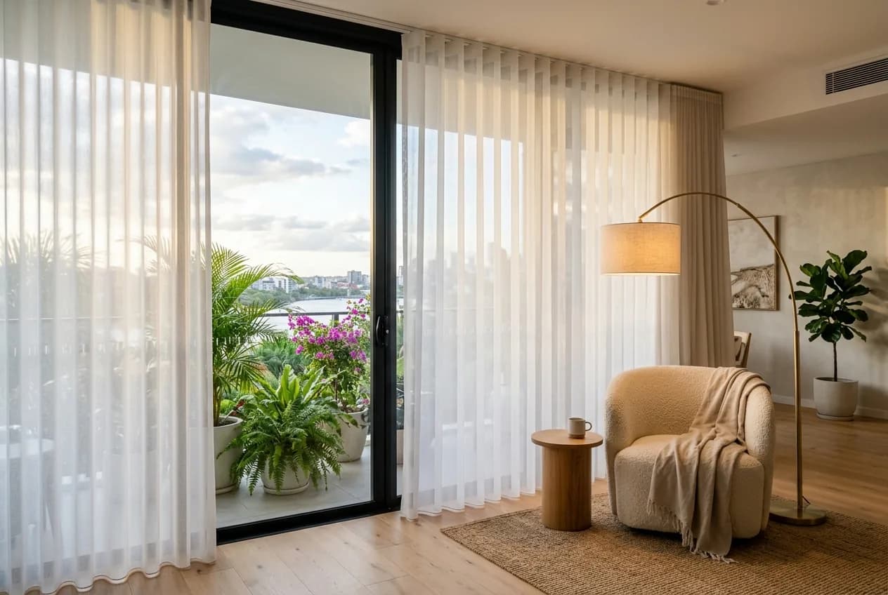 Veri Shades with alternating sheer and opaque bands on floor-to-ceiling windows
