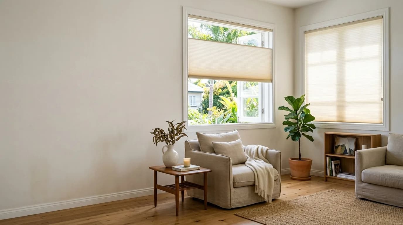 Honeycomb blinds on two living-room windows