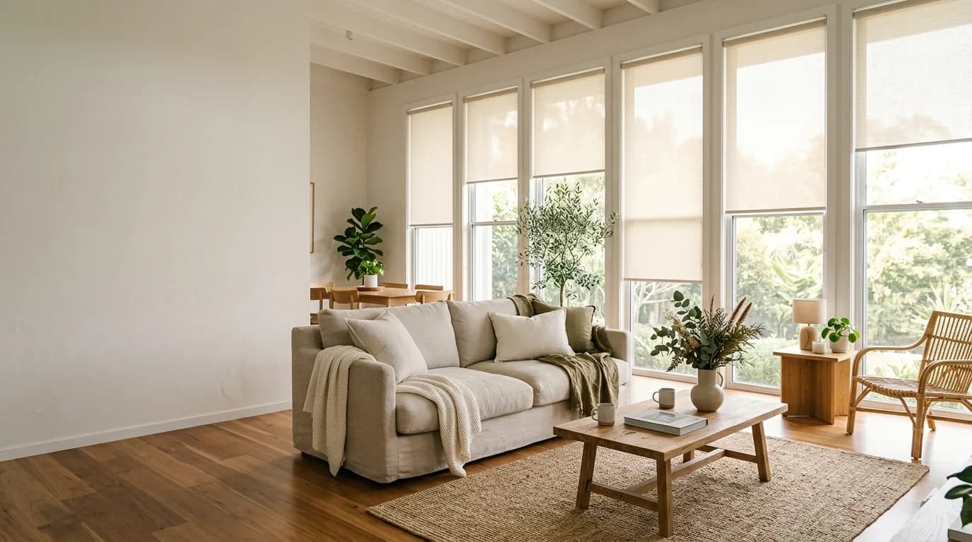 Light-filtering roller blinds on tall living-room windows