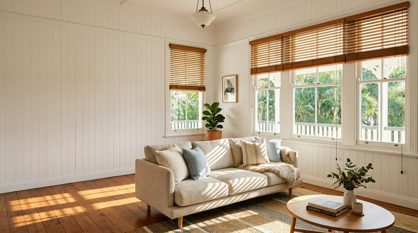 Timber venetian blinds on Queenslander windows